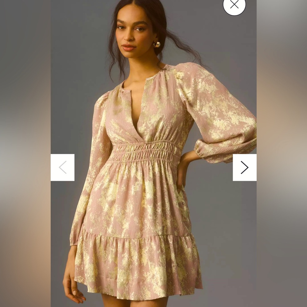 NWT Anthropologie Long-Sleeve Somerset Mini Dress Pearl gold rose pink plus 2X
